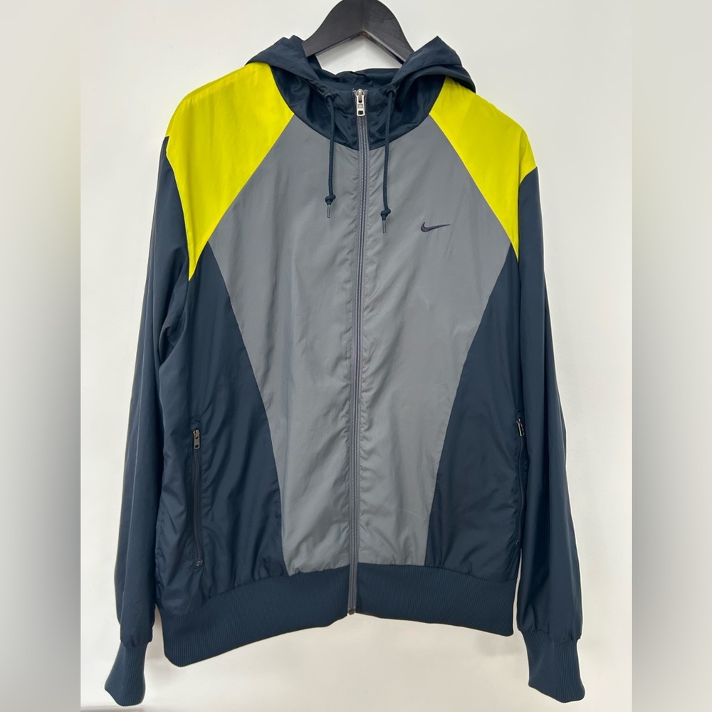 Nike Windbreaker Jacket Mens Large Navy Grey Neon Hooded Full Zip Y2K Colorblock